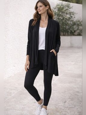 Athleta Pranayama Wrap Cardigan Black Open Front Yoga Cozy Soft Size M